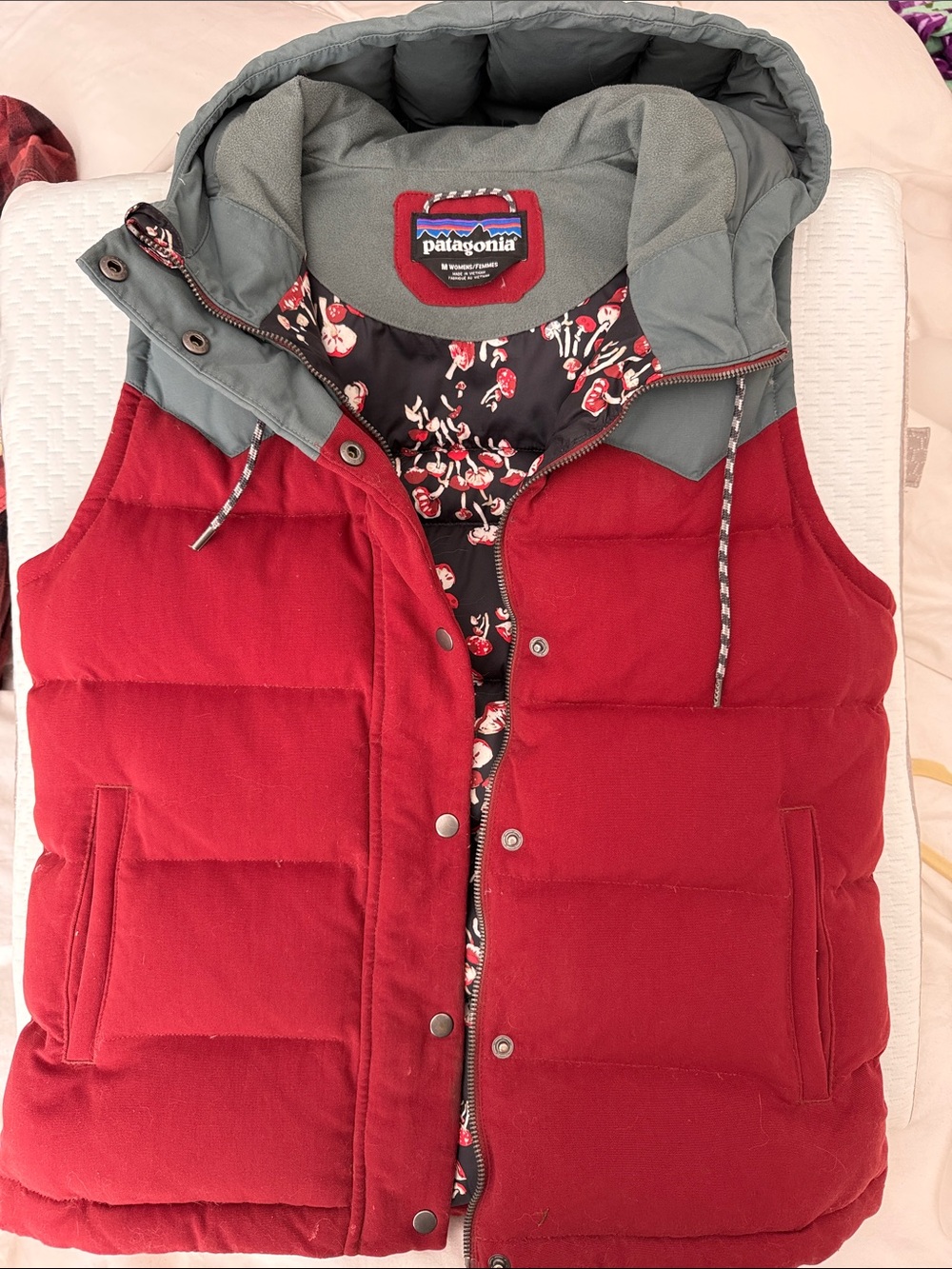 Patagonia Women's Red Quilted Hooded Down Vest with Gray Hood